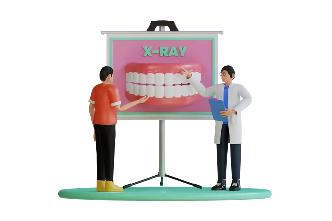 Dentists demonstrating patient jaw x-ray  3D Illustration
