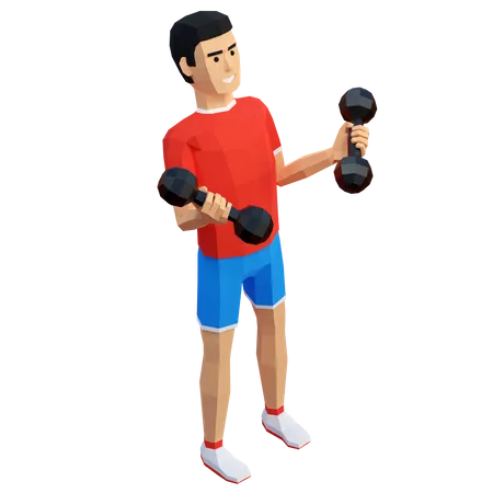 3 D Deportista Entrenando Biceps Ejercicio En Casa Con Mancuernas Entrenamiento 3 D De Baja Poli 3D Illustration