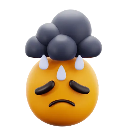 Sad Unhappy Face Emotion With Rain Cloud For Depression Anxiety Mental Health Psychology 3 D Icon Illustartion Render Design 3D Icon