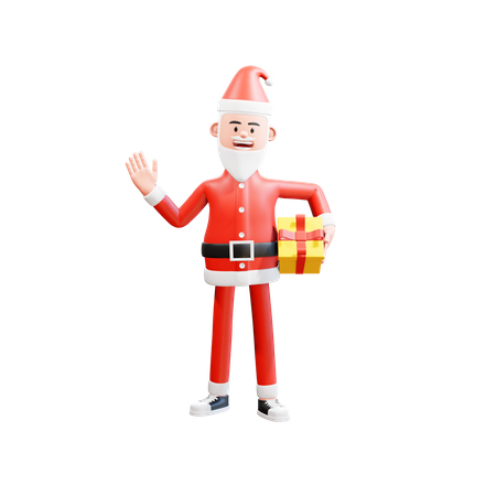 Der Weihnachtsmann hält ein Geschenk an seiner Hüfte und winkt mit der rechten Hand, um Hallo zu sagen  3D Illustration