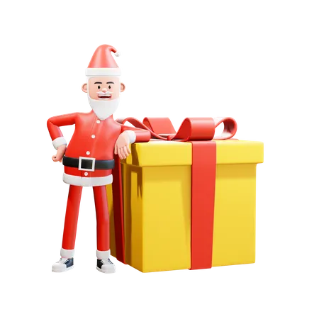 Der Weihnachtsmann lehnt sich zurück auf eine große Weihnachtsgeschenkbox für eine Überraschung  3D Illustration