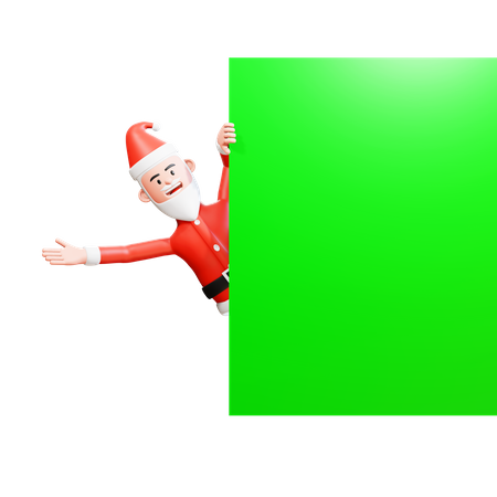 Der Weihnachtsmann lugt hinter einem Greenscreen-Banner hervor  3D Illustration