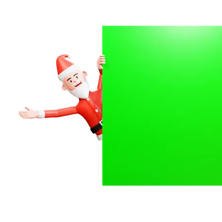 Der Weihnachtsmann lugt hinter einem Greenscreen-Banner hervor  3D Illustration