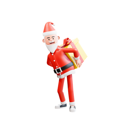 Der Weihnachtsmann trägt ein großes Weihnachtsgeschenk auf dem Rücken  3D Illustration