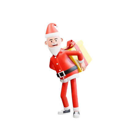 Der Weihnachtsmann trägt ein großes Weihnachtsgeschenk auf dem Rücken  3D Illustration