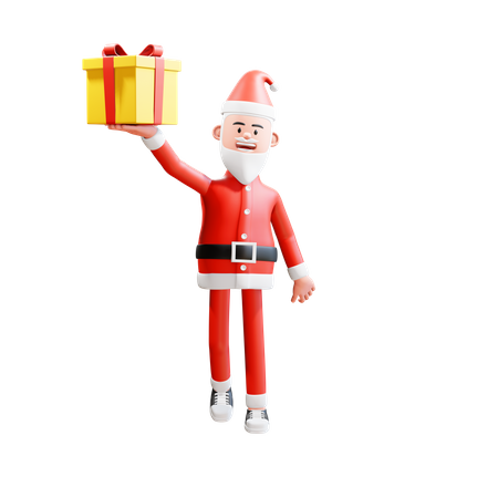 Der Weihnachtsmann trägt und hebt Weihnachtsgeschenke mit seiner rechten Hand  3D Illustration