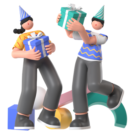 Des amis tiennent un coffret cadeau pour le garçon qui fête son anniversaire  3D Icon