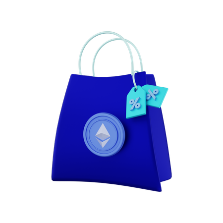 Descuento en criptomonedas Ethereum con bolsas de compras  3D Illustration