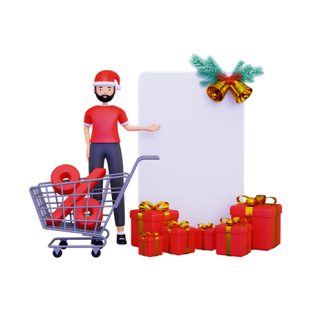 Descuento en compras del día de Navidad con cartel en blanco.  3D Illustration