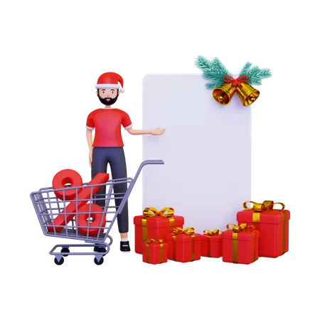 Descuento en compras del día de Navidad con cartel en blanco.  3D Illustration