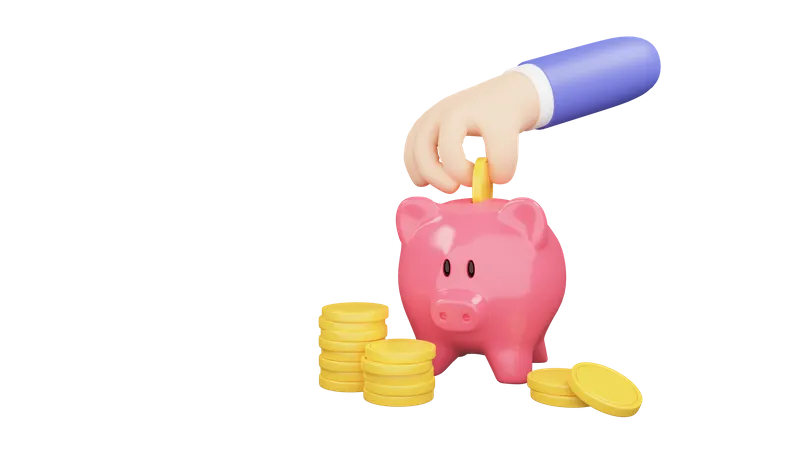 Mão de desenho animado colocando moeda no cofrinho. Economizando dinheiro. ilustração de renderização 3d  3D Illustration
