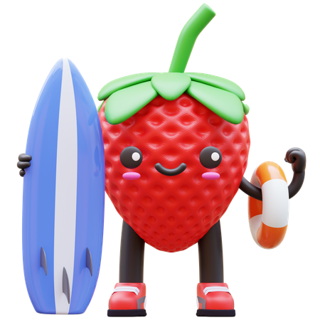 Desenho animado de morango pronto para a aventura de surf  3D Illustration