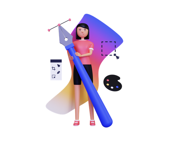 Designer gráfico de mulher segurando uma ferramenta caneta  3D Icon