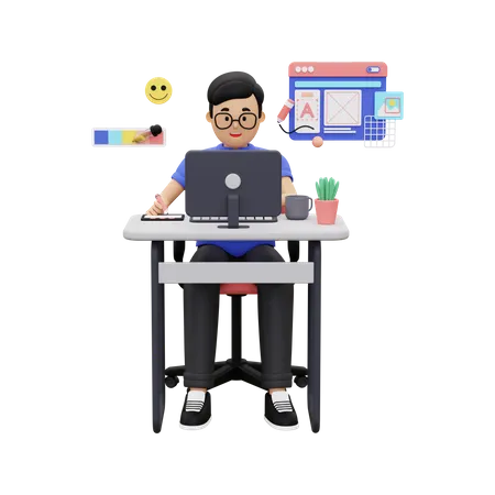 Designer gráfico masculino trabalhando no laptop  3D Illustration