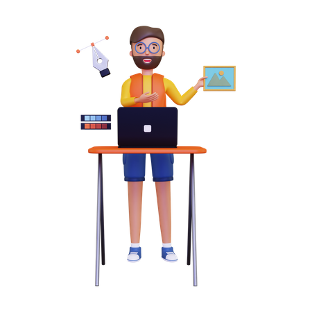 Designer gráfico mostrando seu trabalho  3D Icon