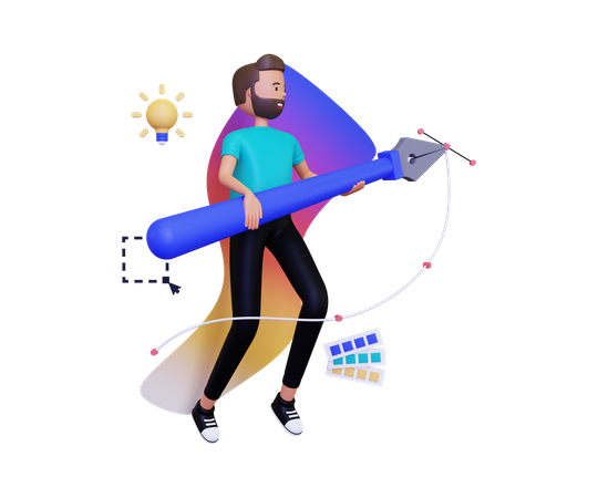 Designer gráfico segurando a ferramenta caneta de ponta  3D Icon
