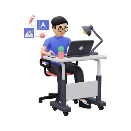 Designer gráfico trabalhando no laptop  3D Illustration