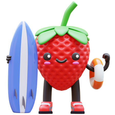 Fraise Cartoon prête pour l'aventure de surf  3D Illustration