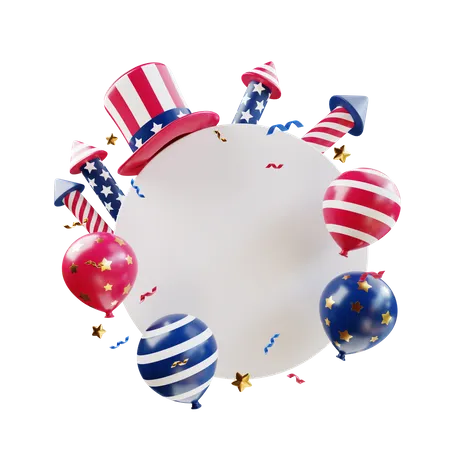 4 De Julho Moldura Branca Com Fogos De Artificio De Chapeu Americano E Baloes 3D Icon