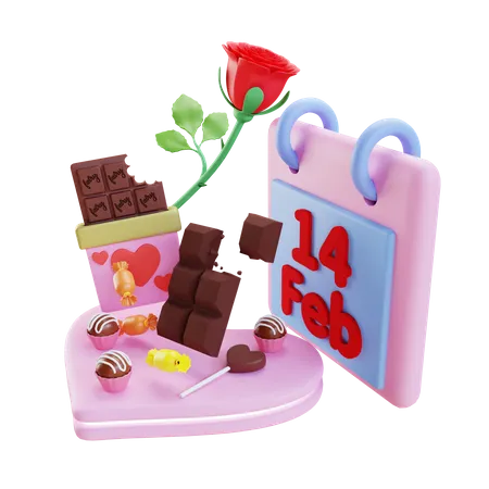 3 D Render De Chocolate De San Valentin Con Fecha Del 14 De Febrero 3D Illustration