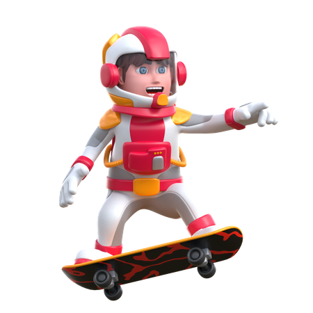 Astronauta de dibujos animados jugando skate  3D Illustration