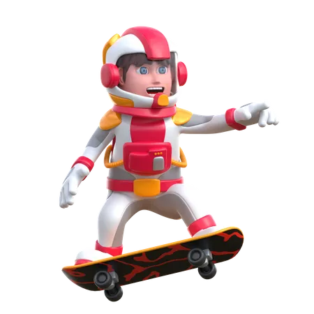 Astronauta de dibujos animados jugando skate  3D Illustration