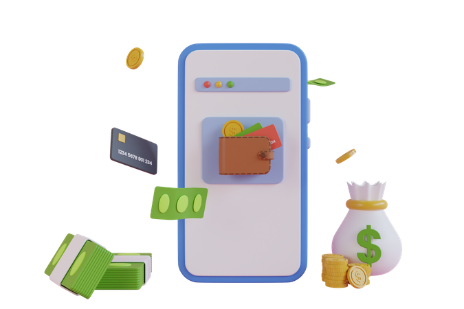 Digital cash wallet application  3D Illustration