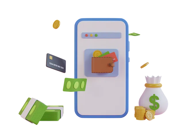 Digital cash wallet application  3D Illustration