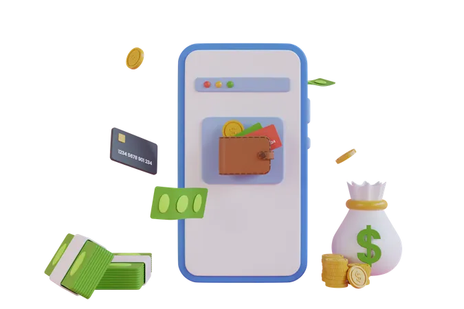 Digital cash wallet application 3D Illustration
