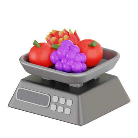 新鮮な果物が入ったデジタルフードスケール  3D Illustration