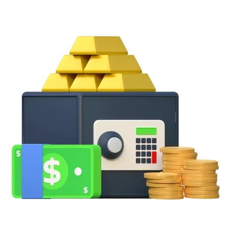 Saving Money And Gold In Secure Locker Box Investment Finance Icon 3 D Illustration 3D Icon