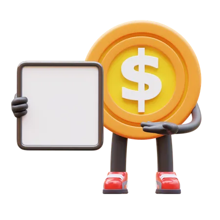 Money Coin Character Holding Blank Paper 3D Illustration