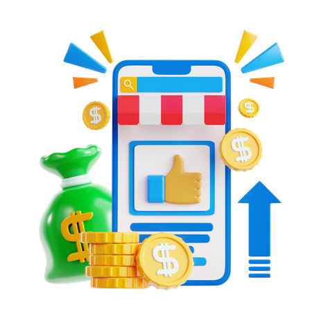 Digital Marketplace with Money and Notification  3D Icon