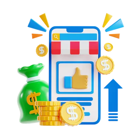 Digital Marketplace with Money and Notification  3D Icon