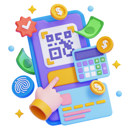 QR 코드와 계산기를 이용한 디지털 결제  3D Illustration