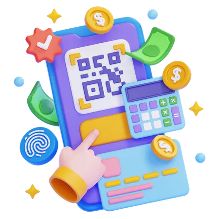 QR 코드와 계산기를 이용한 디지털 결제  3D Illustration