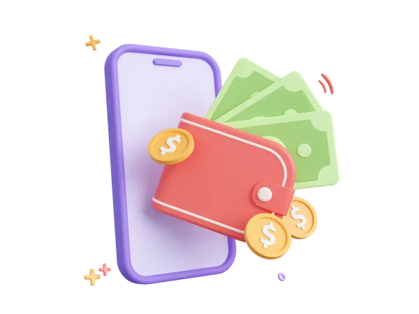 3 D Cartoon Design Illustration Of Digital Wallet And Mobile Banking Application Online Payments Transfer And Saving Money Concept 3D Icon