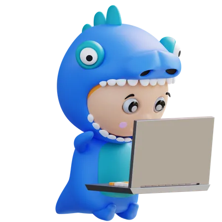 Dino hielt einen Laptop in der Hand  3D Illustration