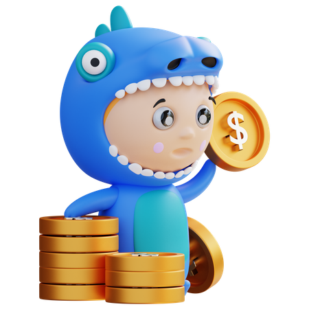 Dino tenant des pièces de monnaie  3D Illustration