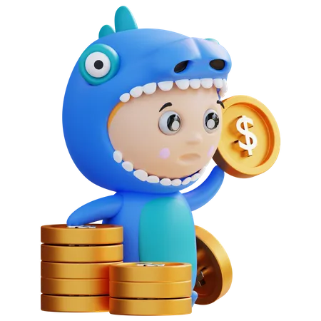 Dino tenant des pièces de monnaie  3D Illustration