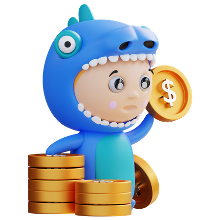 Dino sosteniendo monedas  3D Illustration