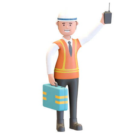 Chef de chantier tenant une mallette et un talkie-walkie  3D Illustration