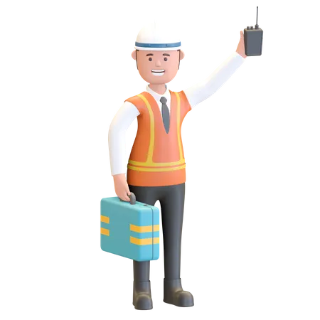 Chef de chantier tenant une mallette et un talkie-walkie  3D Illustration