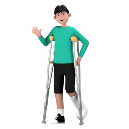 Disability Man Walking With Crutches Sticks  3D Icon