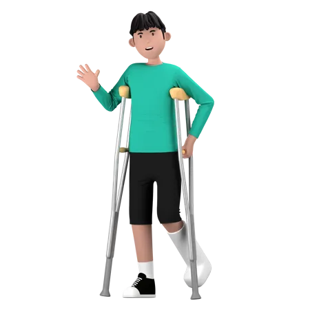 Disability Man Walking With Crutches Sticks  3D Icon