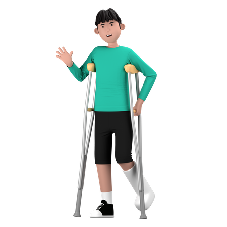 Disability Man Walking With Crutches Sticks  3D Icon