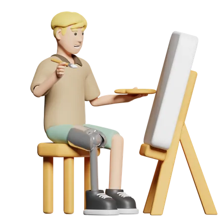 Disabled man painting in canvas  3D Illustration