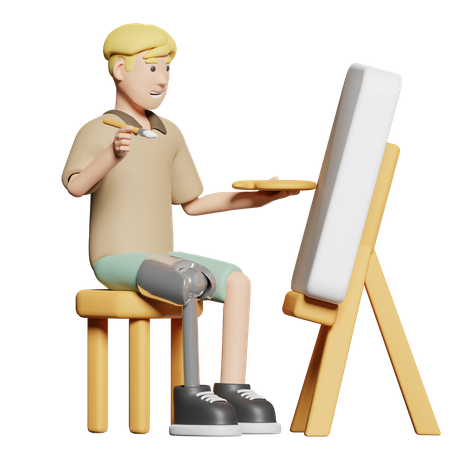 Disabled man painting in canvas  3D Illustration