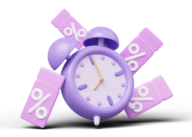 3 D Alarm Clock With Discount Price Tag Purple Clock At 8 Floating On Transparent Special Discounts Time Flash Sale Limited Promotion Offer Concept Cartoon Icon Minimal Smooth 3 D Rendering 3D Icon