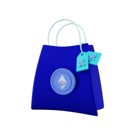 Remise Pièces de crypto Ethereum avec des sacs à provisions  3D Illustration